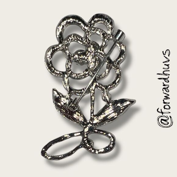 Vintage Silver Tone Rhinestone Flower Brooch - Picture 3 of 7